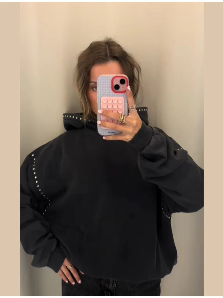 Women's Black Sweatshirt jacket Fashion Cool Casual Loose Long Sleeve Beaded Hoodie Trend Coat 2025 Autumn Lady Commute Outwear