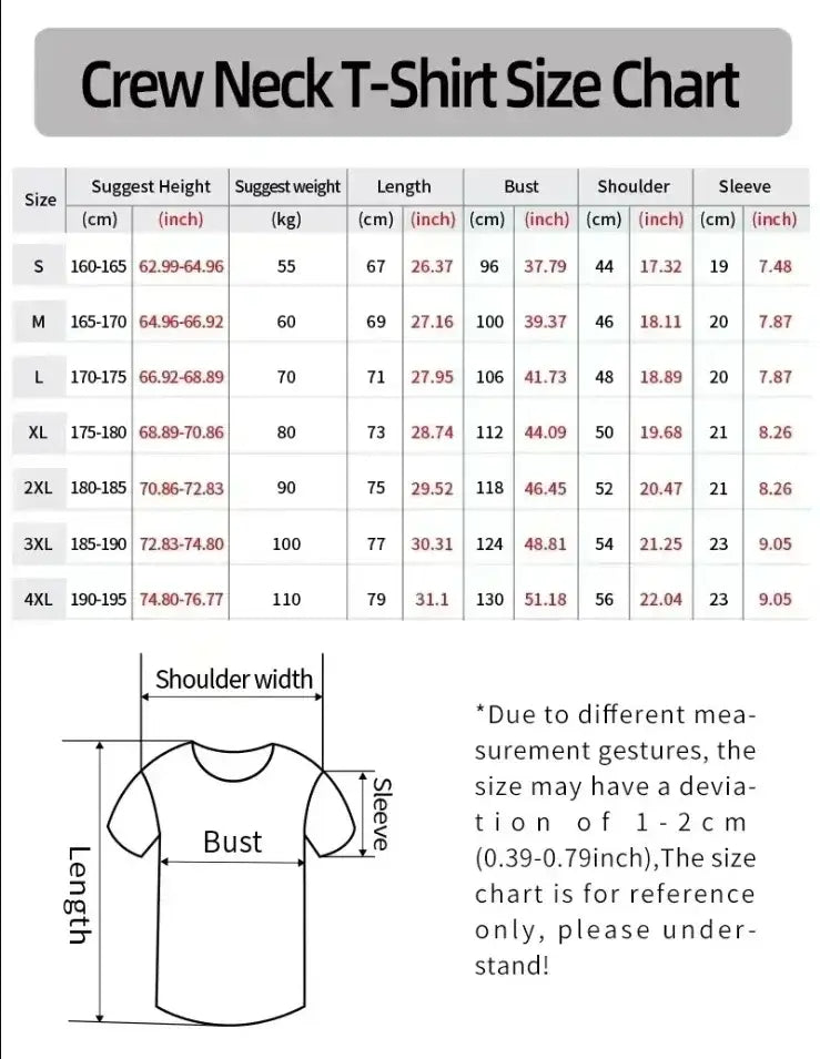 Größentabelle für Tactical-Angel-Rundhalsshirt aus Baumwolle mit Crew-Neck, mit Maßangaben in Zentimetern und Zoll für die Größen S bis 4XL.