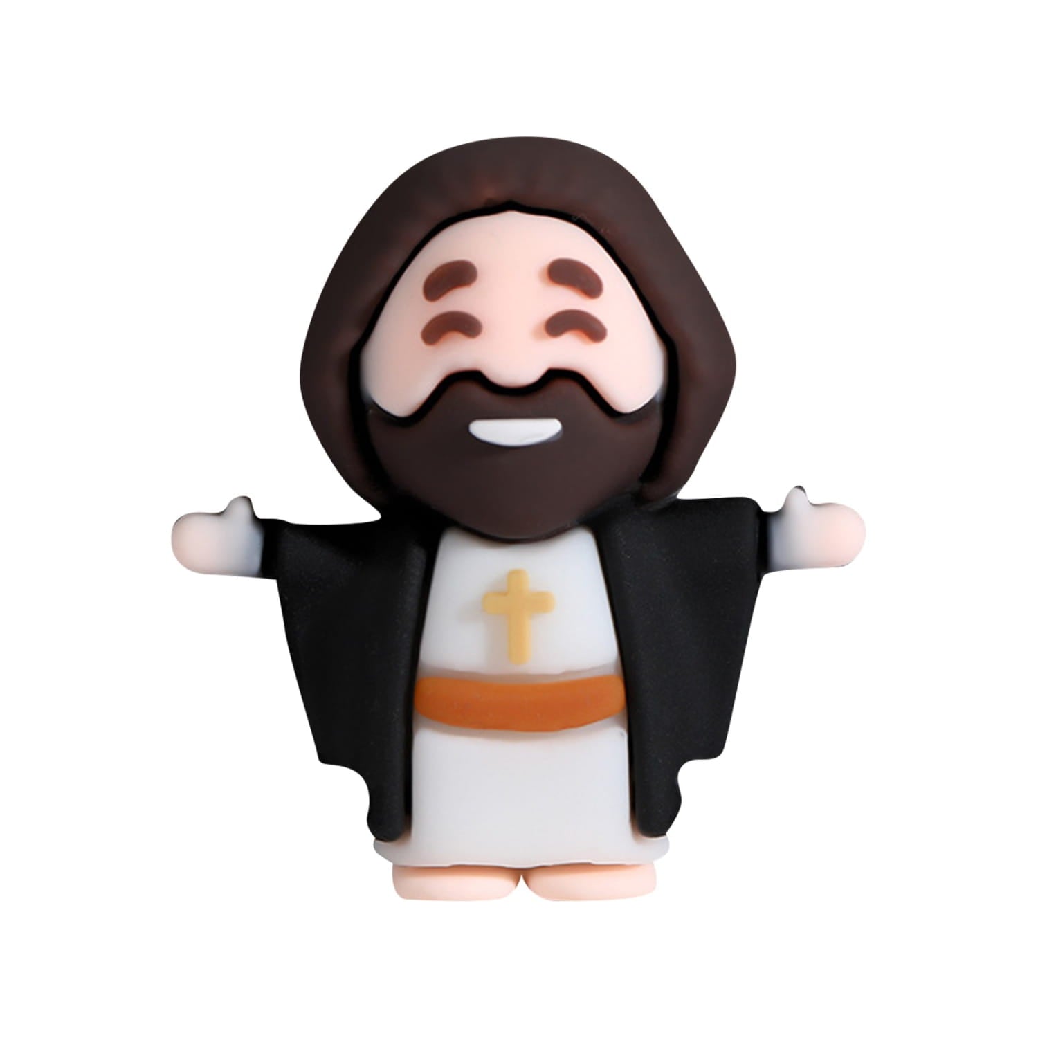 Cute cartoon Jesus figurine with brown hair and beard wearing a white robe under a black cloak accented by an orange belt and gold cross included in mini Jesus figurines Easter party favors 10 pcs.
