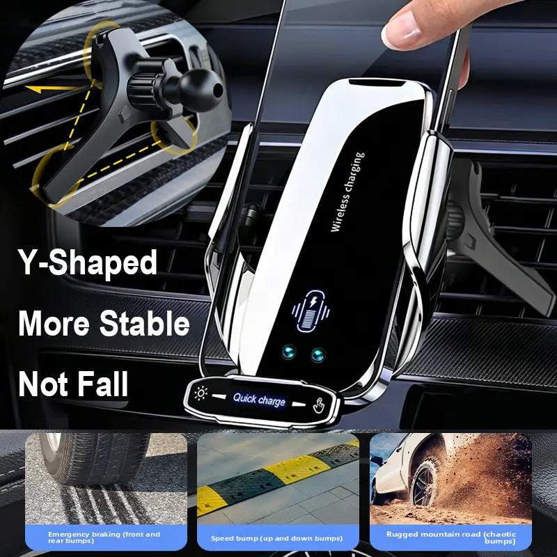 silver and black wireless phone charger with y-shaped auto clamping car mount design for convenient in-car use