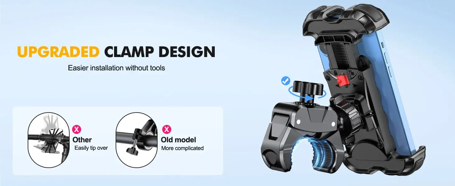 Support de téléphone pour vélo universel en plastique noir avec un accent bleu et une conception de pince réglable, offrant une rotation à 360 degrés pour les motos.
