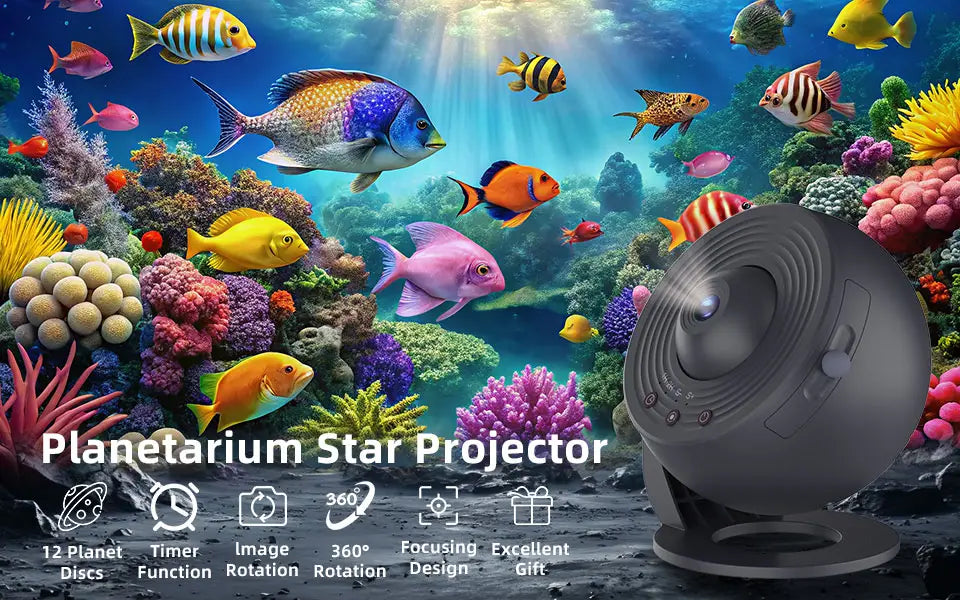 Schwarzer kugelförmiger Nachtlicht-Sternprojektor mit kreisförmigen Riffelungen und Bedientasten sowie 12 HD-Scheiben für die Darstellung im Planetarium