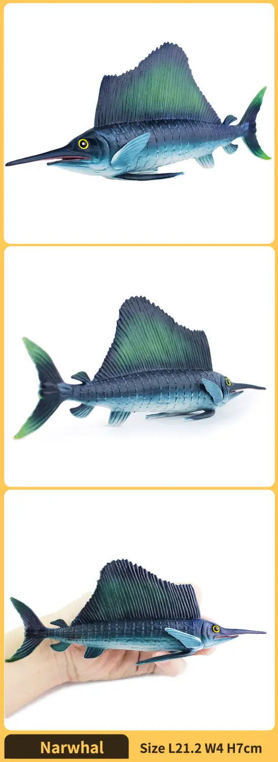 Blau-grünes Kunststoff-Fertigprodukt aus PVC, Tier-Spielzeug-Seepferdchenfigurine für Segelfisch, beschriftet mit Narwal, mit den Maßen 21,2 mal 4 mal 7 Zentimetern.
