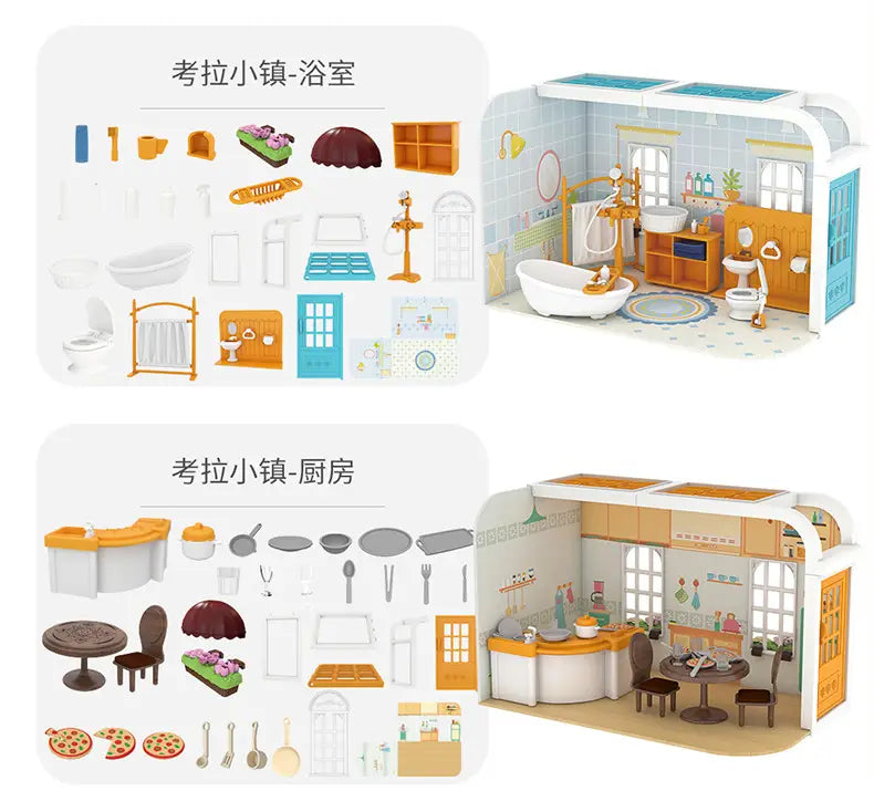オレンジと白のプラスチック製ミニチュアドールハウス家具およびプレイセット玩具。バスルームとキッチンのセットで、小さな備品とアクセサリーが付属しています。