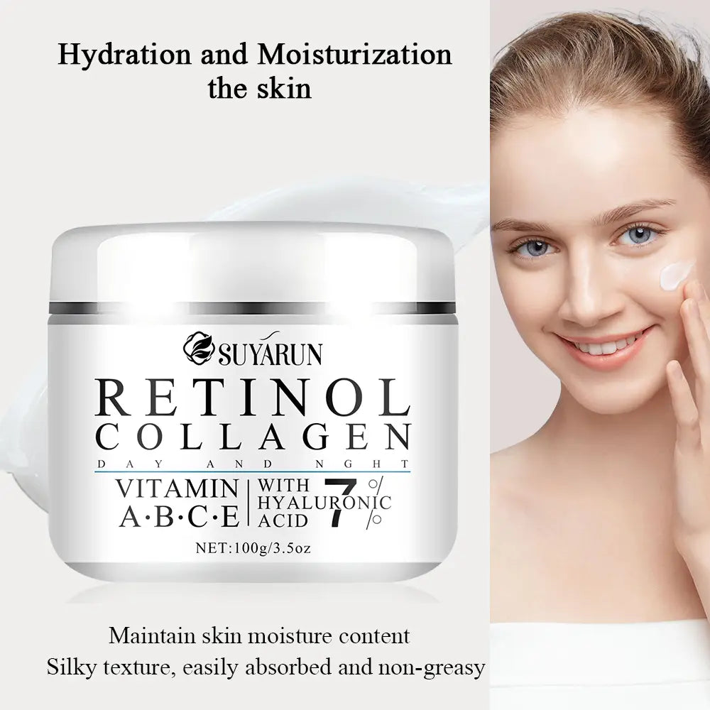 Crema de retinol y colágeno de Suyarun con manteca de karité para la piel delicada en un elegante frasco blanco con detalles plateados, que incorpora vitaminas A-B-C-E y un 7 por ciento de ácido hialurónico para un cuidado avanzado de la piel.