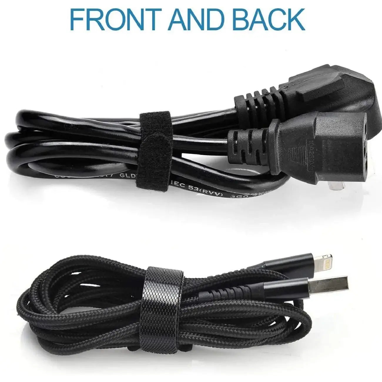black braided usb-c to lightning charging cable with molded connectors secured by a black cable organizer strap for wire management and organization.