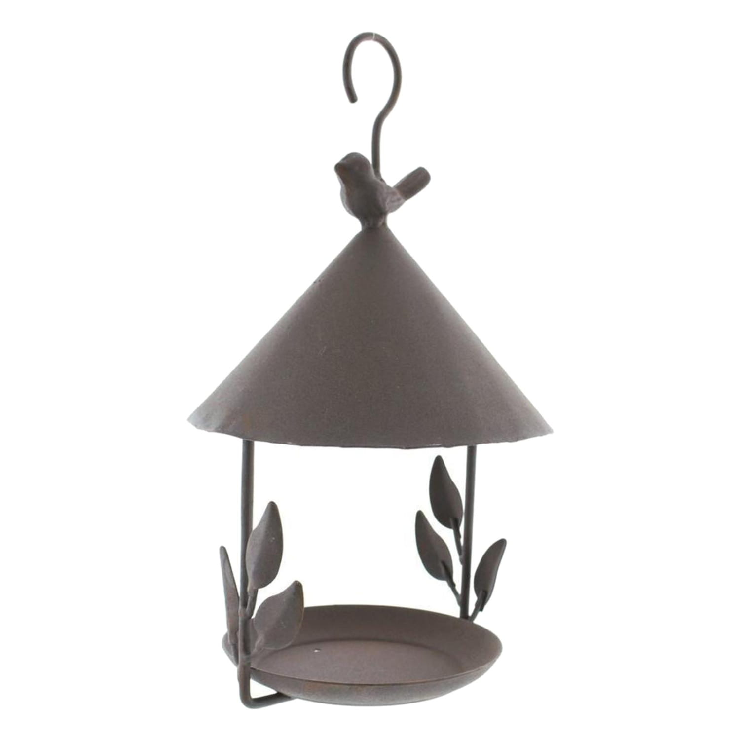 Feeder Hanging Pet Bird Feeder for Various Pet Birds Feeding Supplies Outdoor Dark gray metal bird feeder with a conical roof decorative leaf accents and a small perched bird figure designed for hanging in garden outdoor spaces.