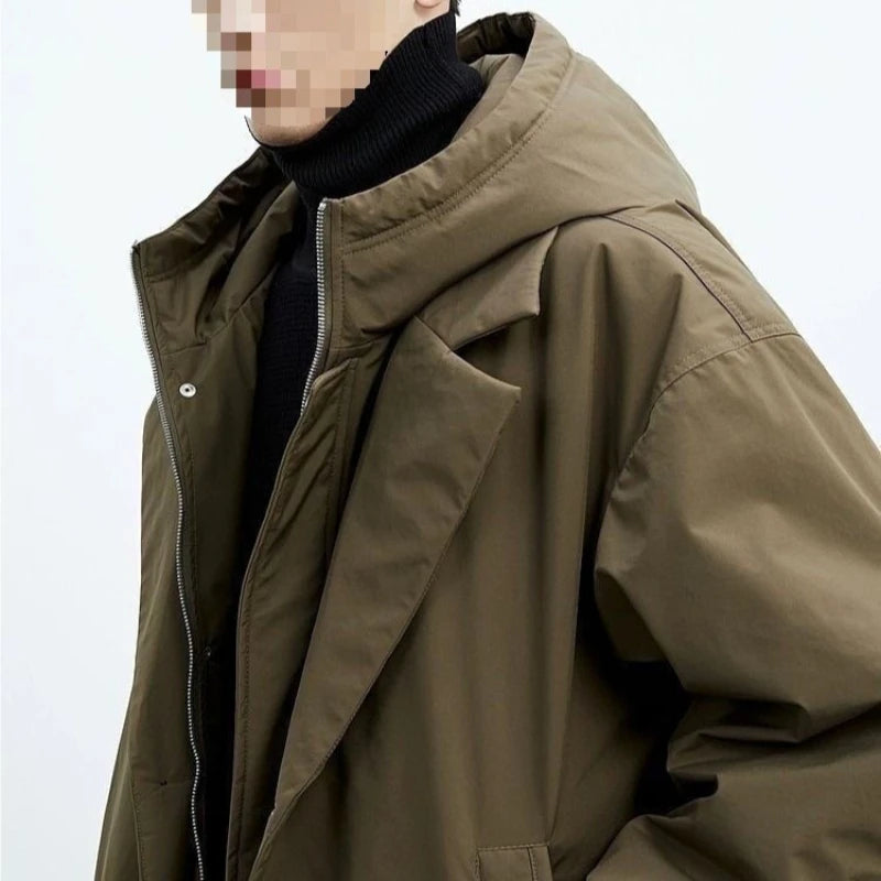 Winter New Korean Style Men Hooded Long Coat Faux Two Piece Trench Coat Parka Jacket Plus Size Warm