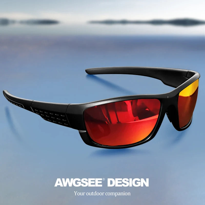 black-framed polarized sports sunglasses uv400 with reflective red and yellow gradient lenses designed for outdoor activities