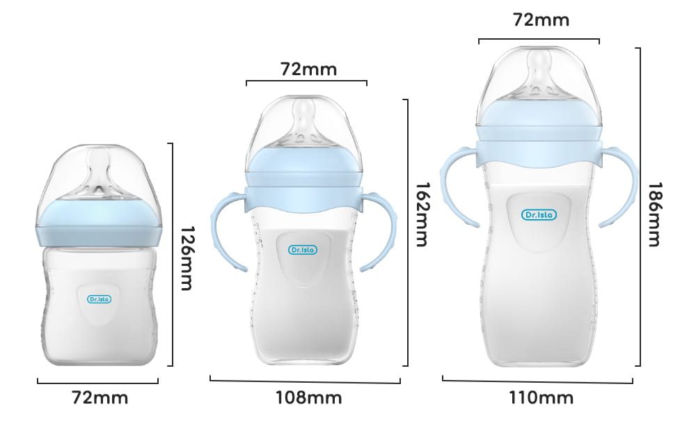 Drei Baby-PP-Fläschchen mit Griff in Pastellfarben und Vorderansicht der Behälter in BPA-freiem Fassungsvermögen von 150 und 330 ml.