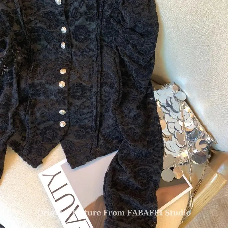 Woman Blouses Shirts & Blouses Lace Crocheted Bubble Sleeve Shirt Women's Spring Plus Velvet Padded  Semi-high Collar Blouse