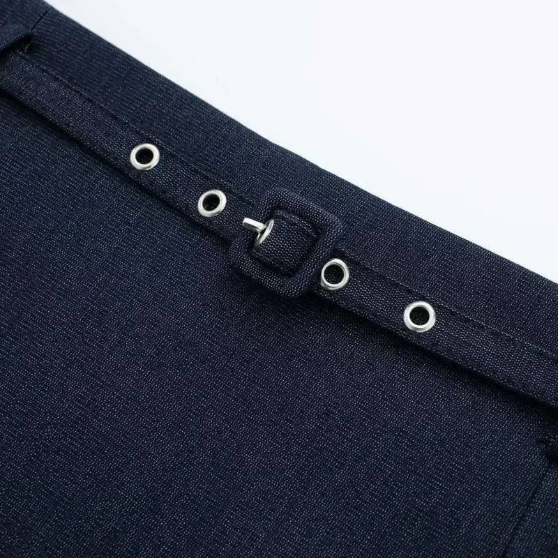 Women’s Summer Cool Daily Navy Blue Shorts With Matching Decorative Belt School Commute Outfit