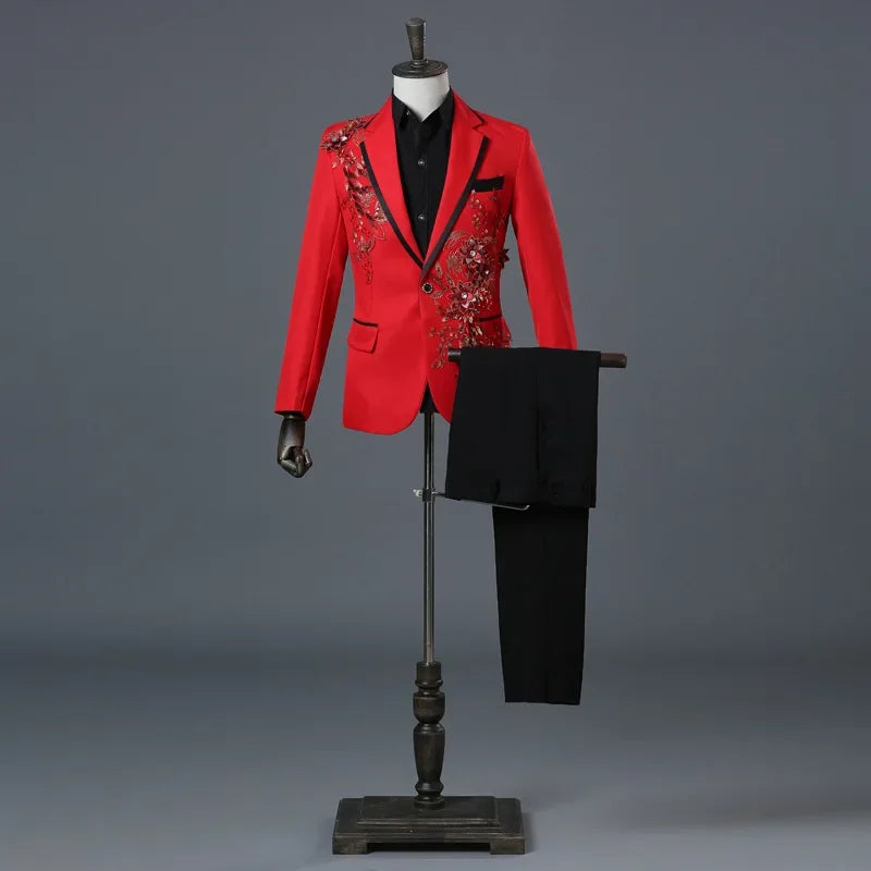 Men's Black Suit with Silver Floral Embroidery 2-Piece Formal Tuxedo Set Stage Performance Wedding Party Blazer and Pants Suit