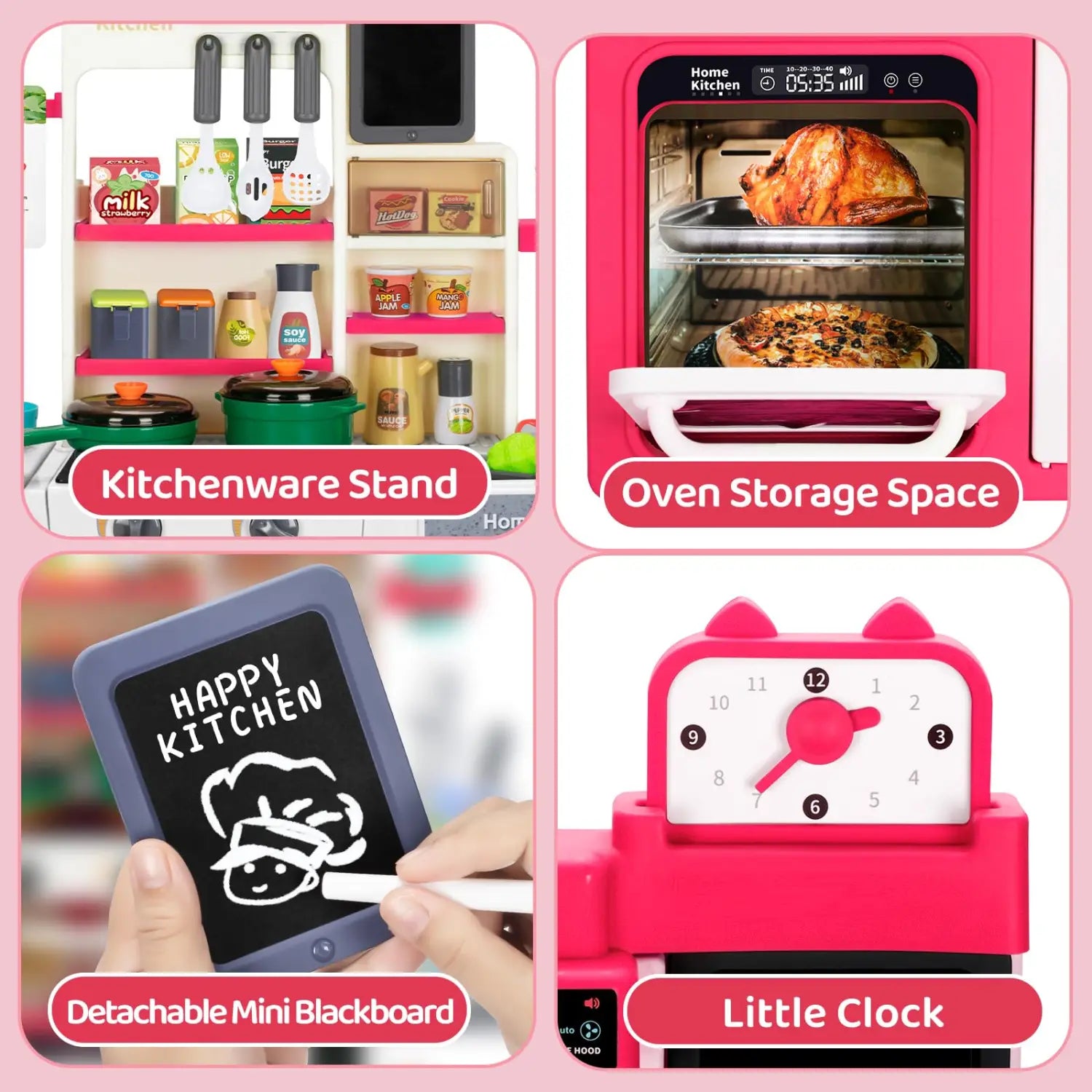 Rosa Plastikspielzeug-Backofen mit digitaler Anzeige und Innenrosten, die Miniatur-Lebensmittel enthalten, aus dem Spielset für die simulierte Küche mit Lichtern und Dampf.