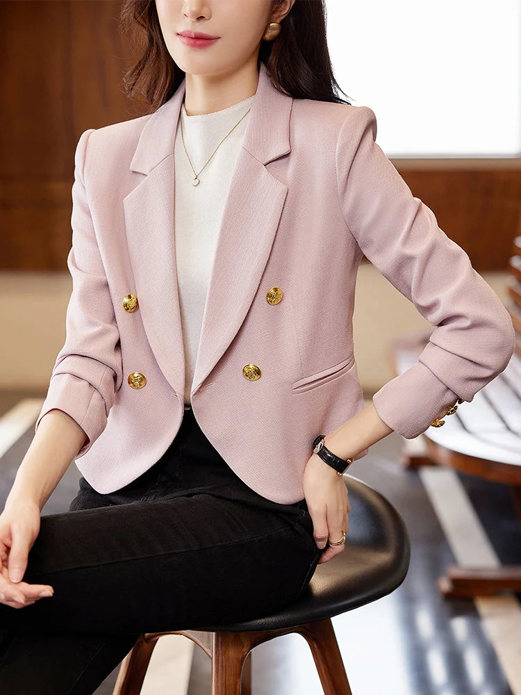 Women Double‑Breasted Short Blazer Jacket Long Sleeve Gold Buttons Slim Cropped Suit Coat Ladies Office Business Casual Black Ou