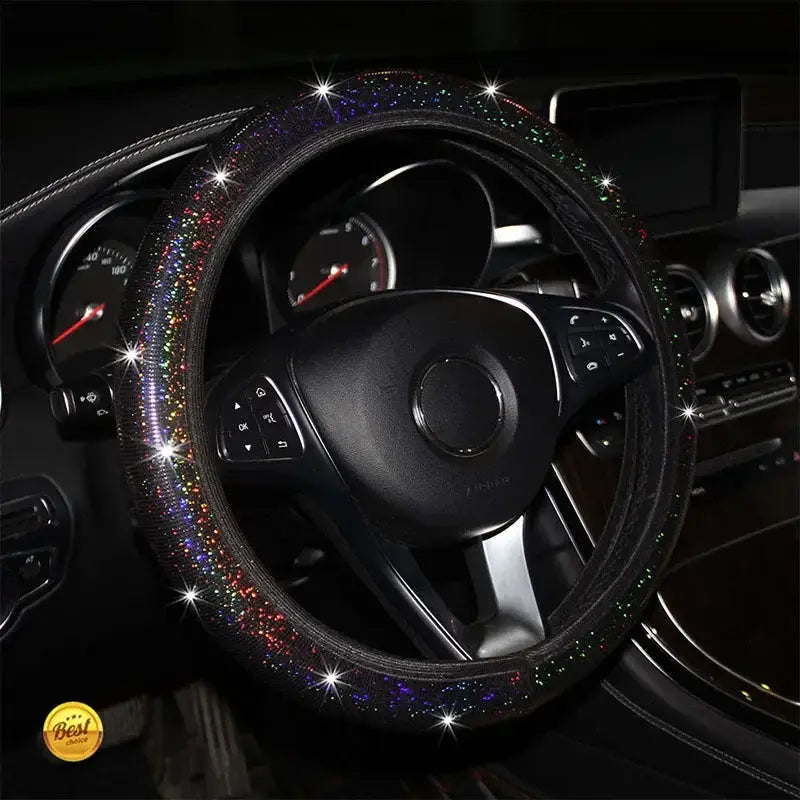 Funda negra para volante adornada con purpurina arcoíris resplandeciente del Juego de funda para volante con brillo rosa, para realzar los interiores del vehículo.