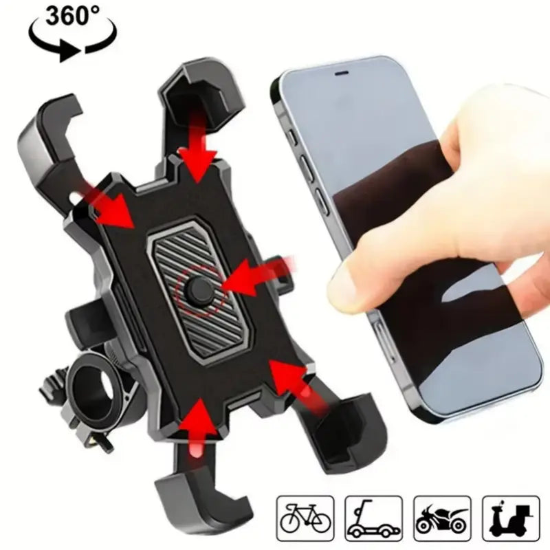 black adjustable bicycle phone holder featuring a 360-degree rotatable mount with a textured grip and universal clamp design for secure motorcycle attachment.