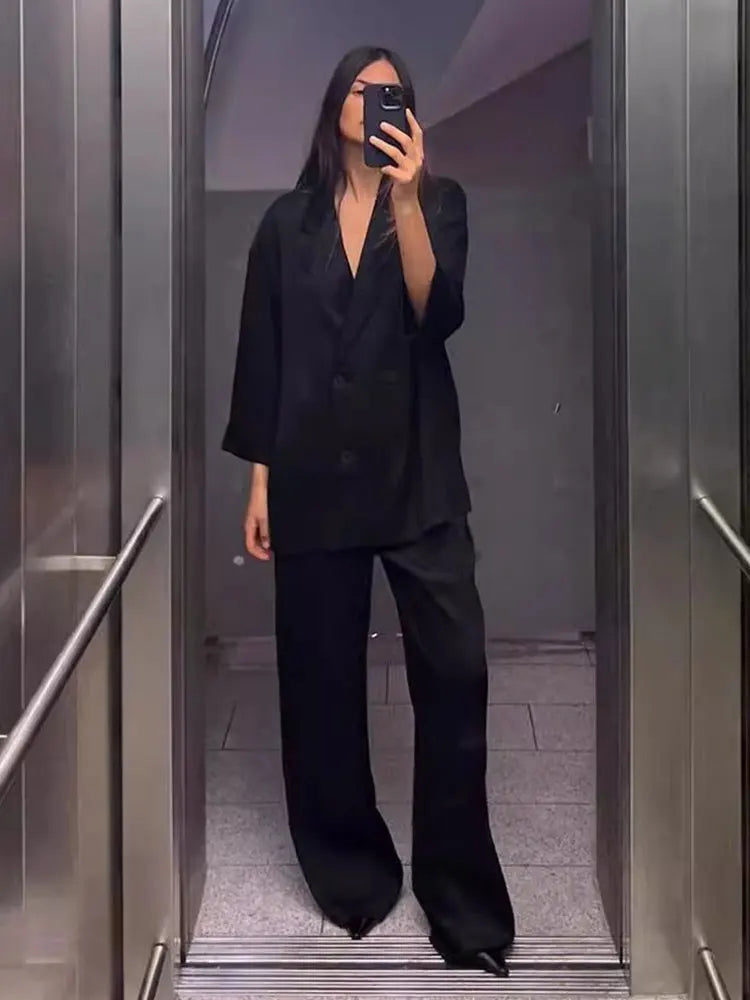 2024 Casual Blazer Pant Suit Women Long Sleeve Double Breasted Coats Wide Leg Trouser Lady Sets New Office Female Outfits