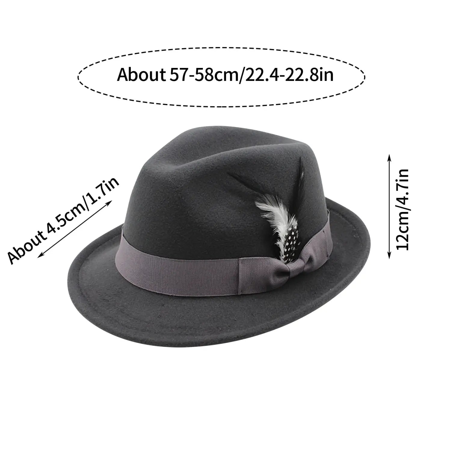 Black felt wool fedora hat for men featuring a gray ribbon band and white feather accent suitable for winter jazz wear.