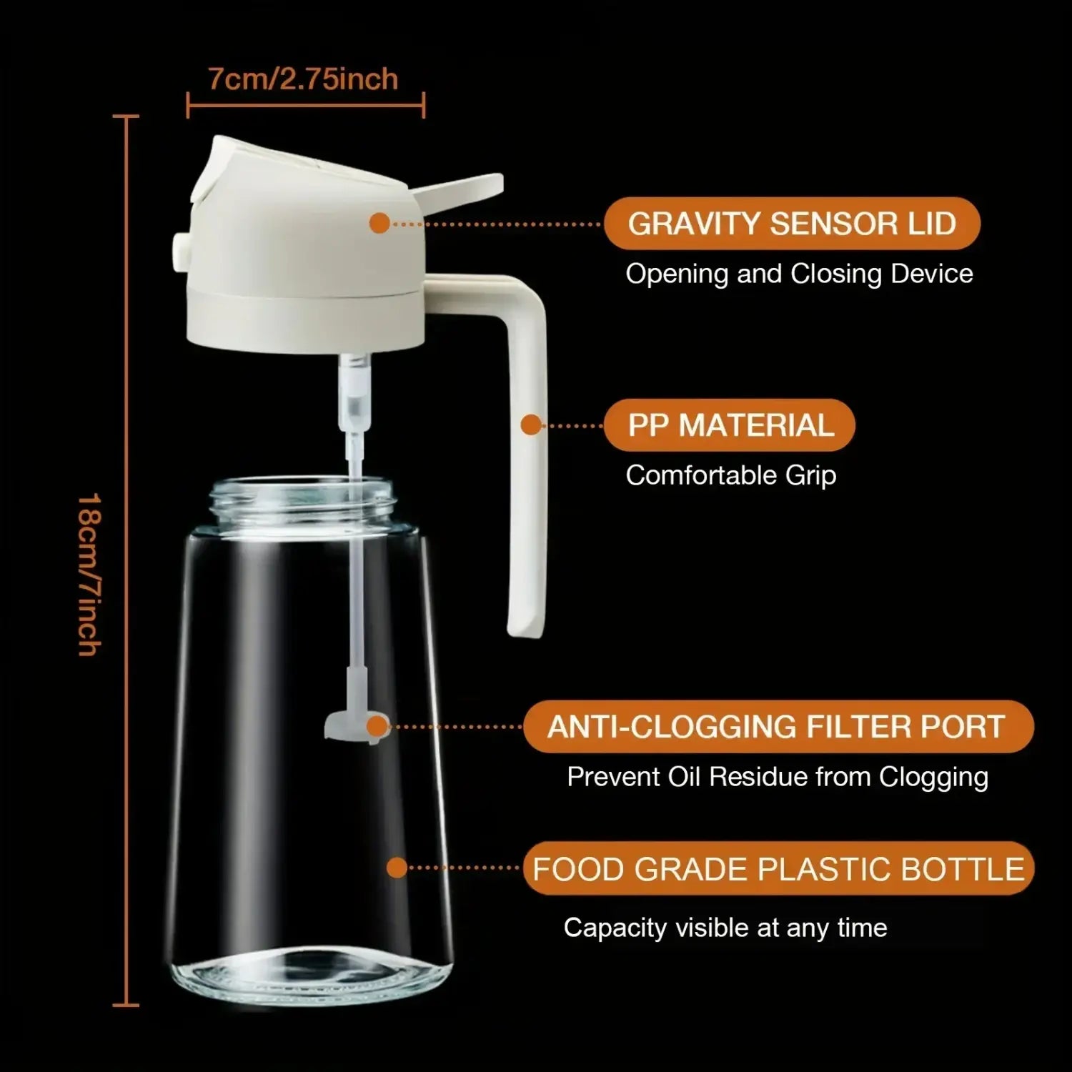 vaporisateur d’huile en matériau PP blanc, avec couvercle à capteur de gravité et corps en plastique transparent de qualité alimentaire, conçu comme une bouteille doseuse d’huile de cuisine 2-en-1 de 500 ml