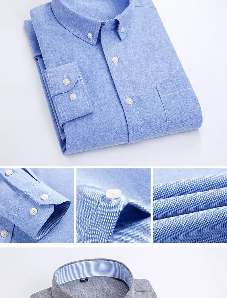 Mens light blue Oxford shirt casual long sleeve neatly folded with a subtle textured weave and white buttons.