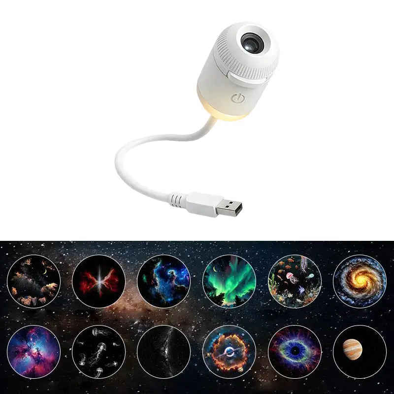 Weiße zylinderförmige USB-betriebene Nachtlicht-Projektionseinheit mit strukturierter Grifffläche, ausgelegt zur Darstellung kosmischer Szenen für die Verwendung als USB-Autolicht mit LED-Sternen.