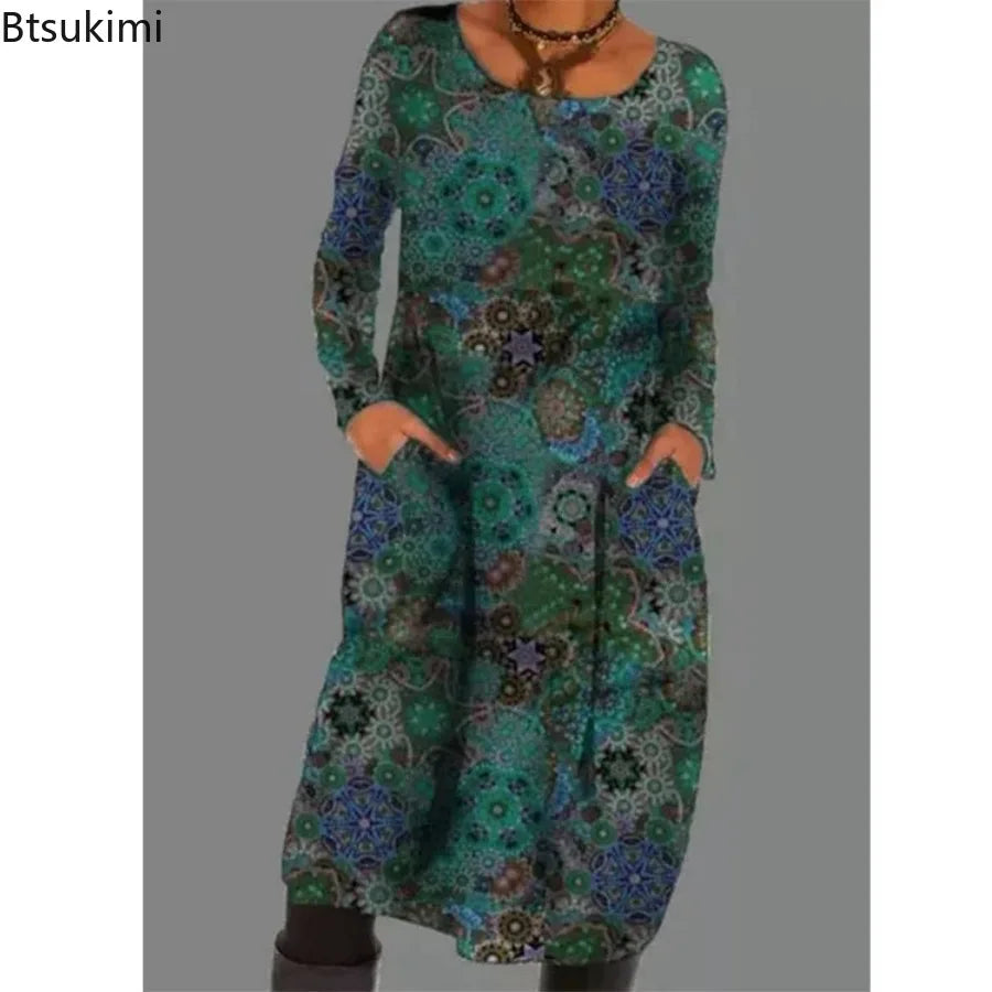Ethnic Style Casual Dresses Women's Loose Vintage Ruffles Midi Dress Spring Autumn Long Sleeve Boho Printed Party Pocket Dress