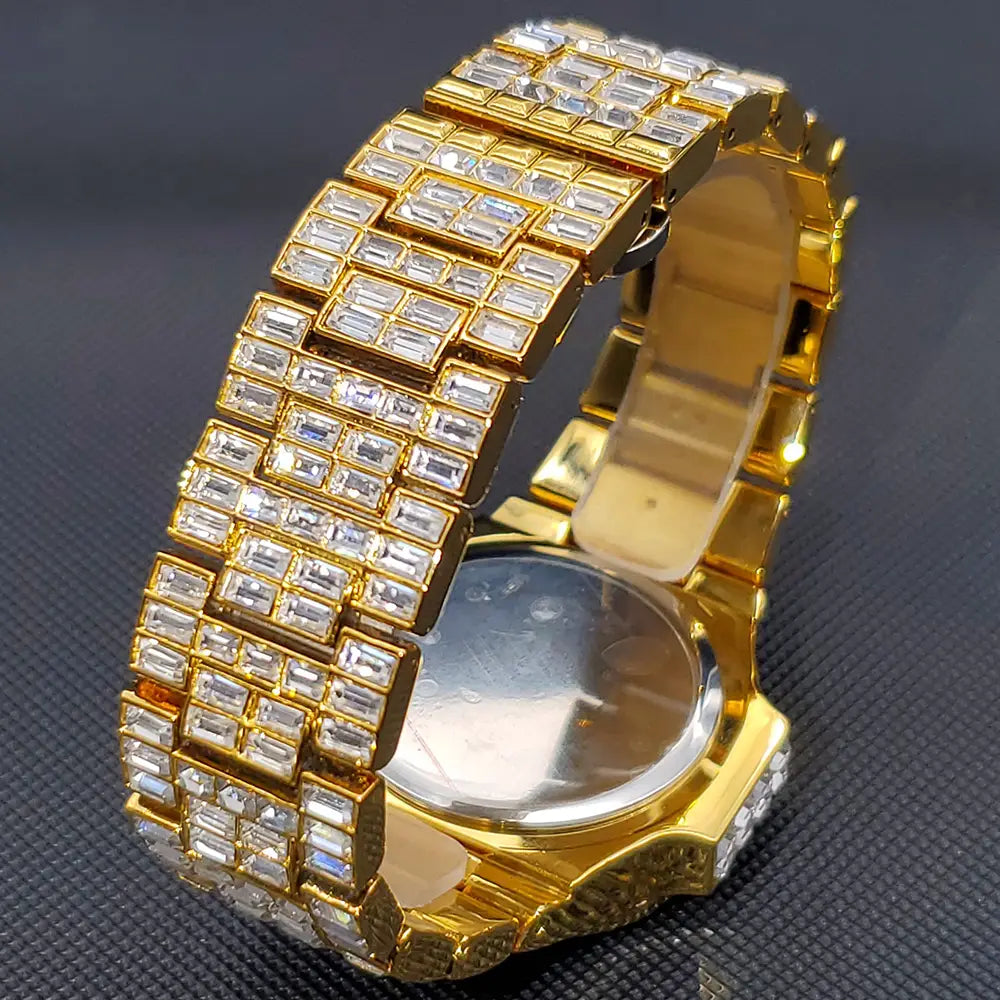 Gold-tone iced out diamond quartz watch for men with a silver stainless steel bracelet densely set with clear rectangular-cut crystals.