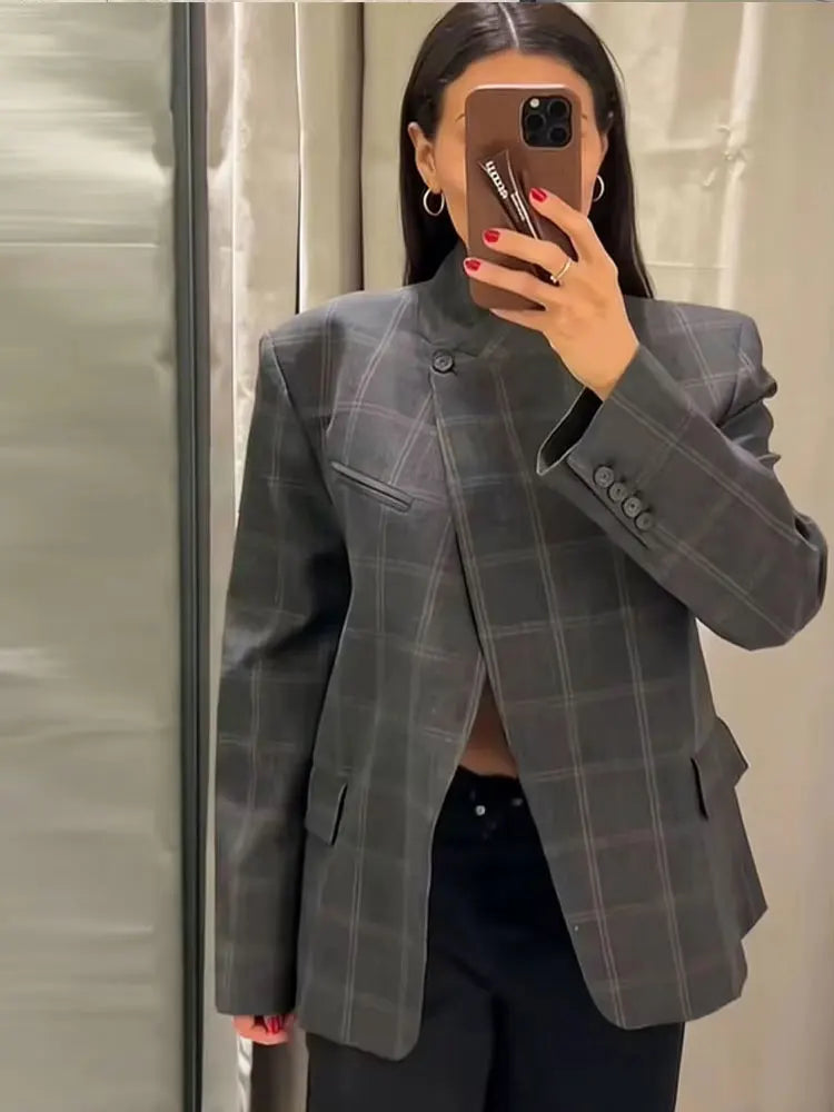 HH Women Casual Asymmetrical Dark Grey Blazer One Button Long Sleeve Jacket Coats 2026 Trend Vintage Solid Office Blazers