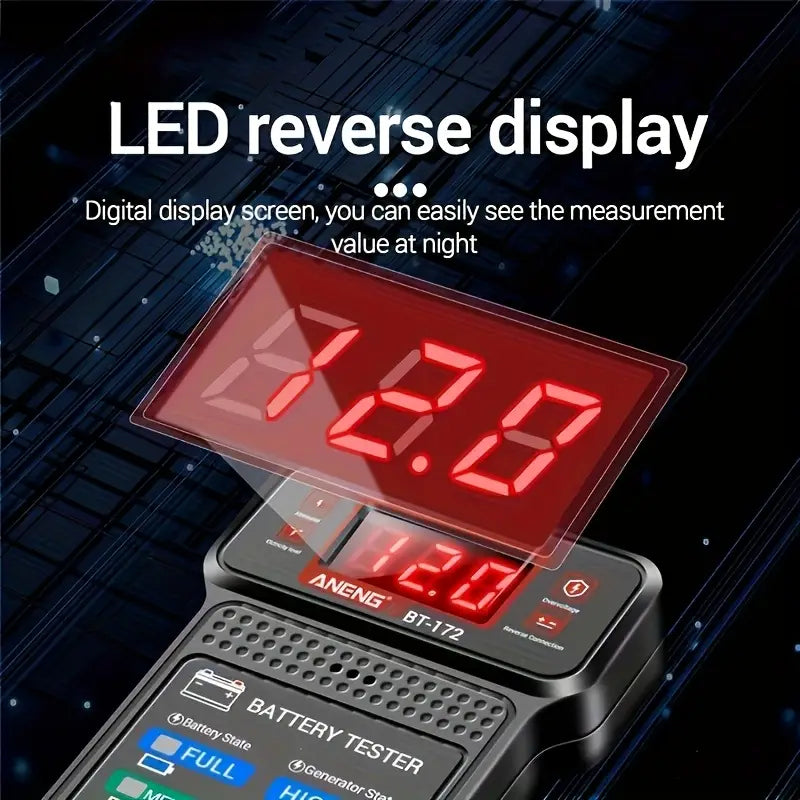 正確な電圧測定のため、12.0ボルトを示す赤色LEDの逆接表示を備えたブラックのAneng BT-172 12Vデジタル自動車バッテリーテスター。
