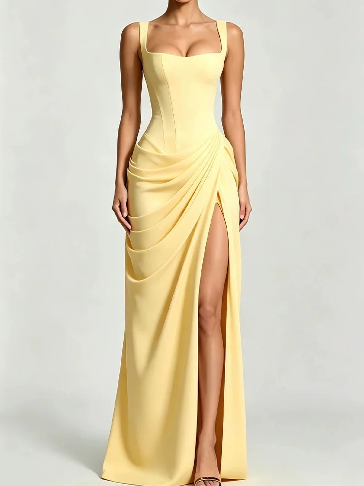 Women Elegant Aesthetic Formal Prom Halter V Neck Chiffon Draped High Slit Lace Up Back Fitted Flowy Bodycon Maxi Dress