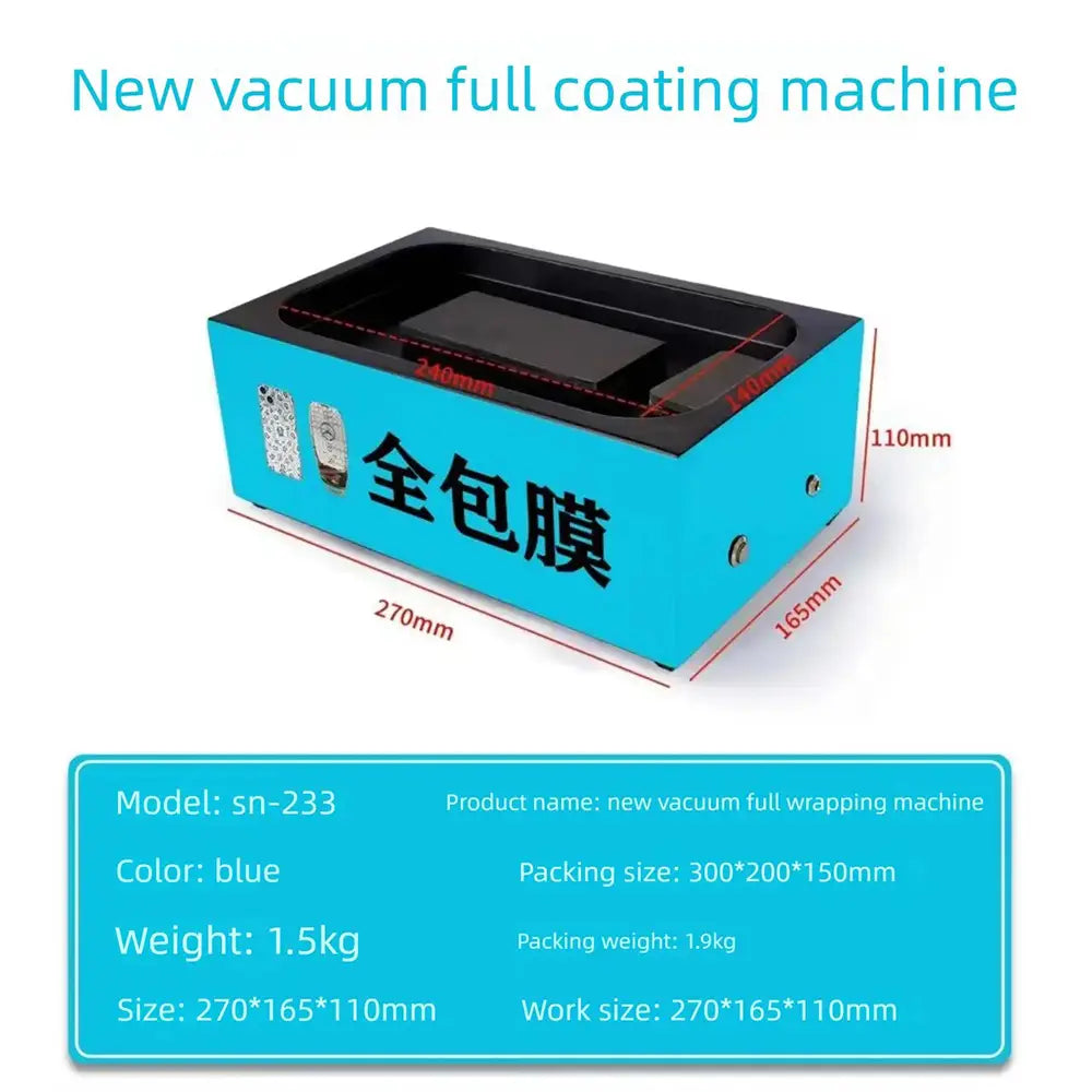Máquina de laminación al vacío de película para teléfonos móviles con carcasa de plástico azul en forma de caja rectangular, interior negro y caracteres chinos en el lateral, diseñada para un recubrimiento eficiente y reducción del costo de envío.