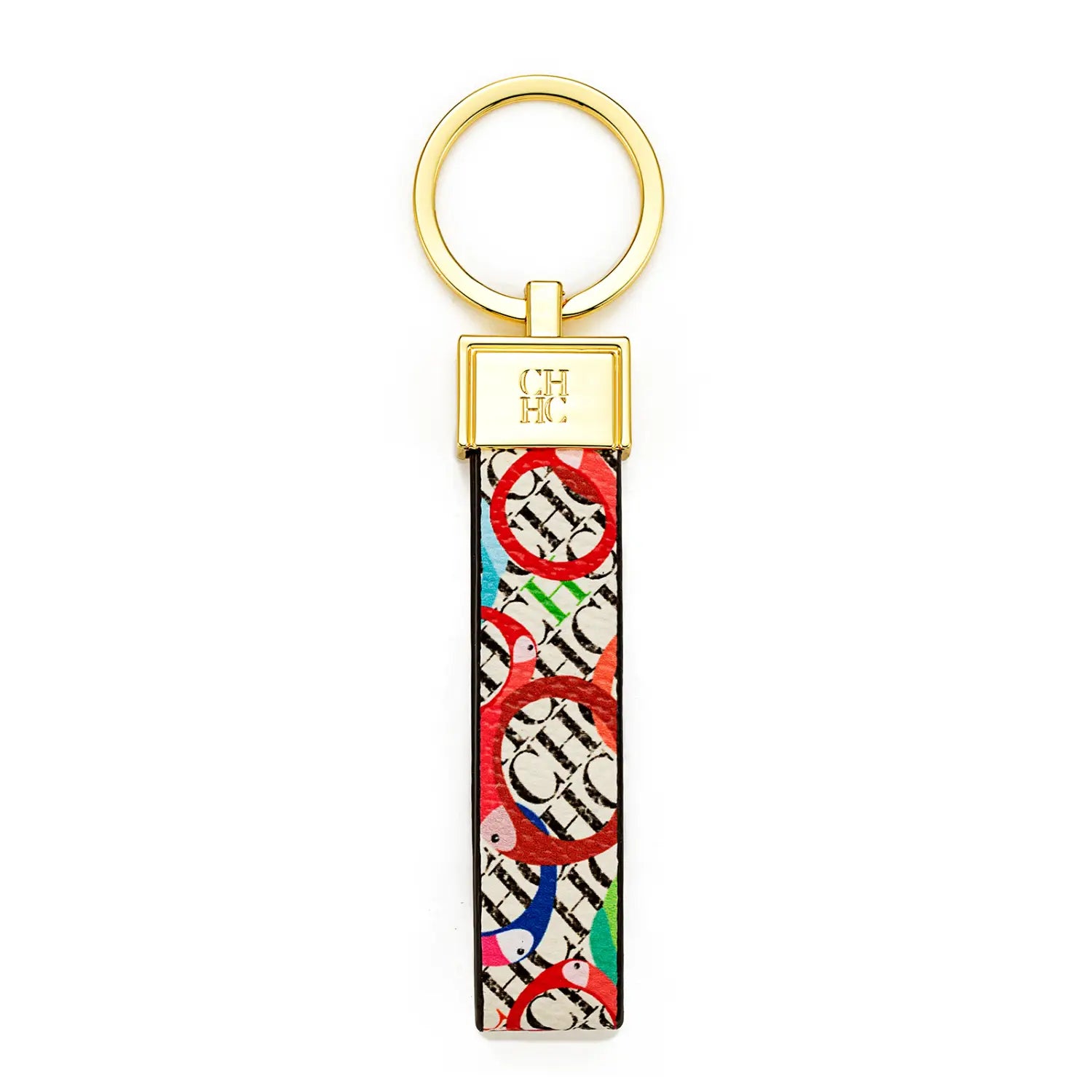 Leather logo keychain designer fashion accessory featuring a vibrant red and black flamingo pattern on a light background with gold-tone hardware.