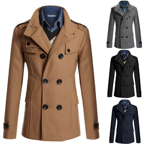 tan wool double breasted warm woolen coat for men with black buttons and epaulets designed as a stylish woolen jacket.