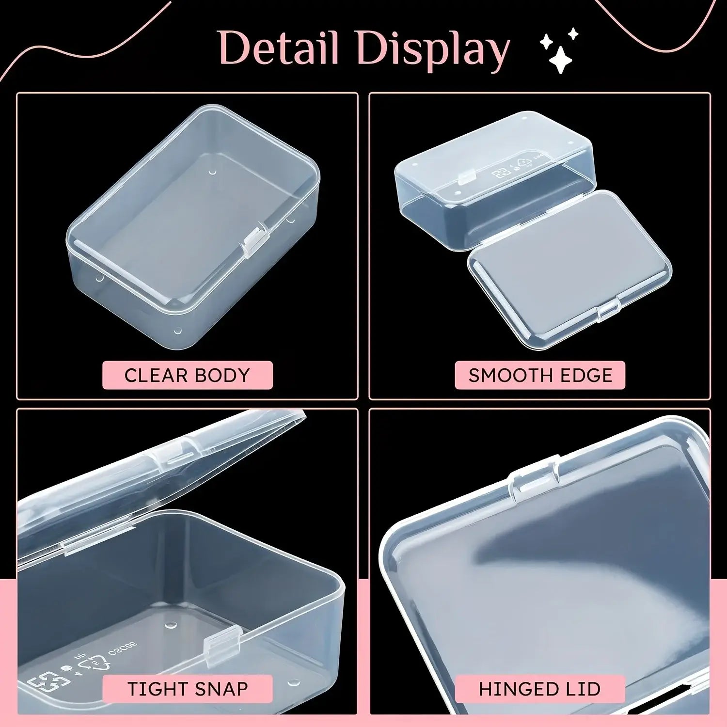 Boîte de rangement en plastique transparent en plastique transparent, dotée d’un couvercle articulé et de bords lisses, conçue pour organiser des travaux manuels et des strass.