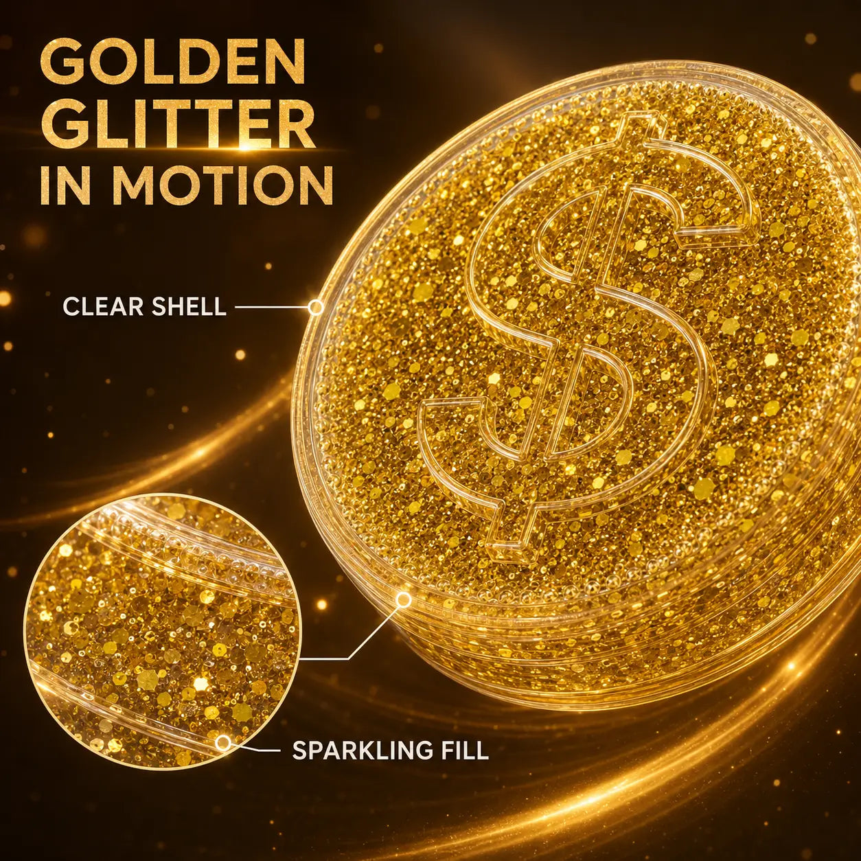 Ein transparentes Schalen-Geldmünzen-Quetschspielzeug, gefüllt mit funkelndem goldenem Glitzer und mit einem erhabenen Dollarzeichen-Design zur Stressreduktion und zum Kneten.