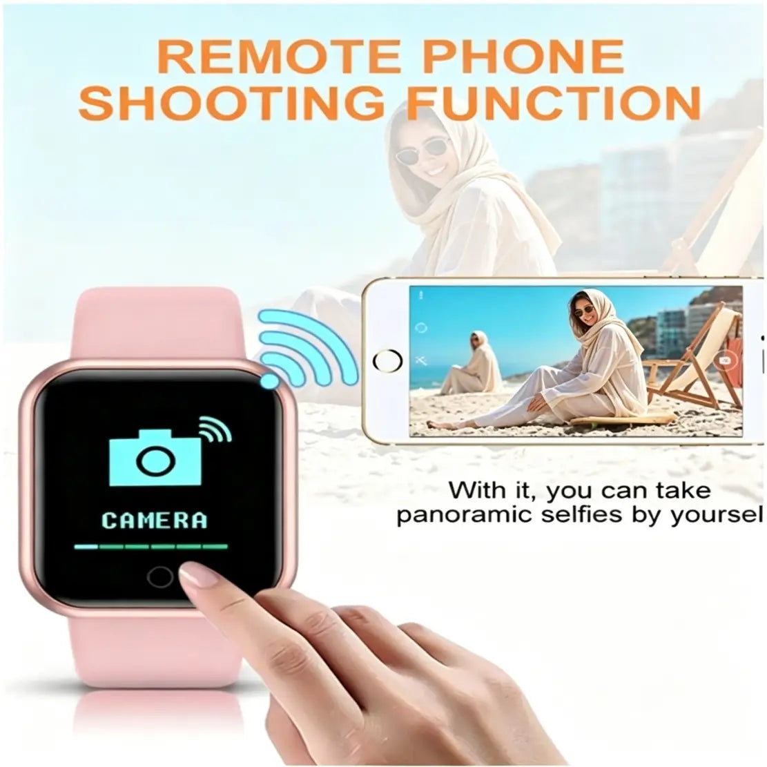 Pink smart watch fitness tracker with a square face and matching band displaying a camera icon on its screen designed for sport and Bluetooth connectivity.