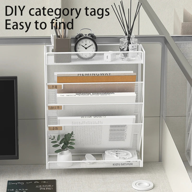 Desk File Organizer Mesh 5-Tier, Hanging Wall Mount Document Organization Stand, Desktop Vertical Mail Paper Folder Holder Rack