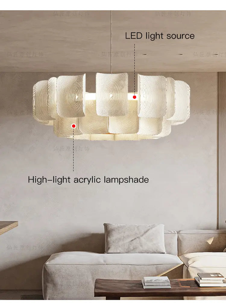 Modern pendant light minimalist Wabi Sabi LED chandelier pendant light with translucent high-light acrylic lampshades arranged in overlapping circular segments.