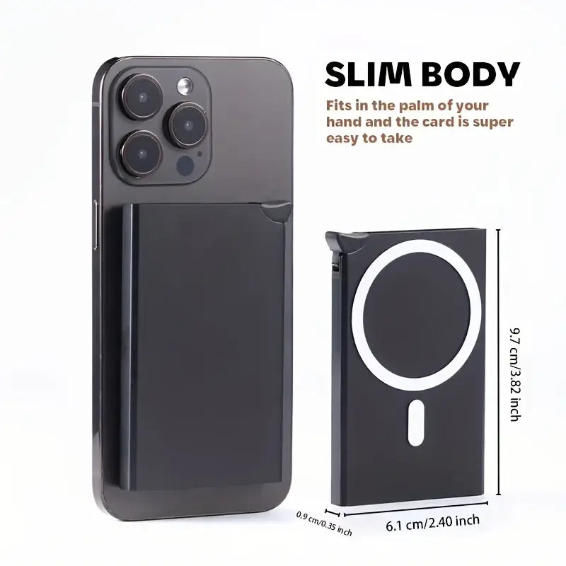Black magnetic rfid blocking phone card wallet with slim body and circular white charging coil design front view