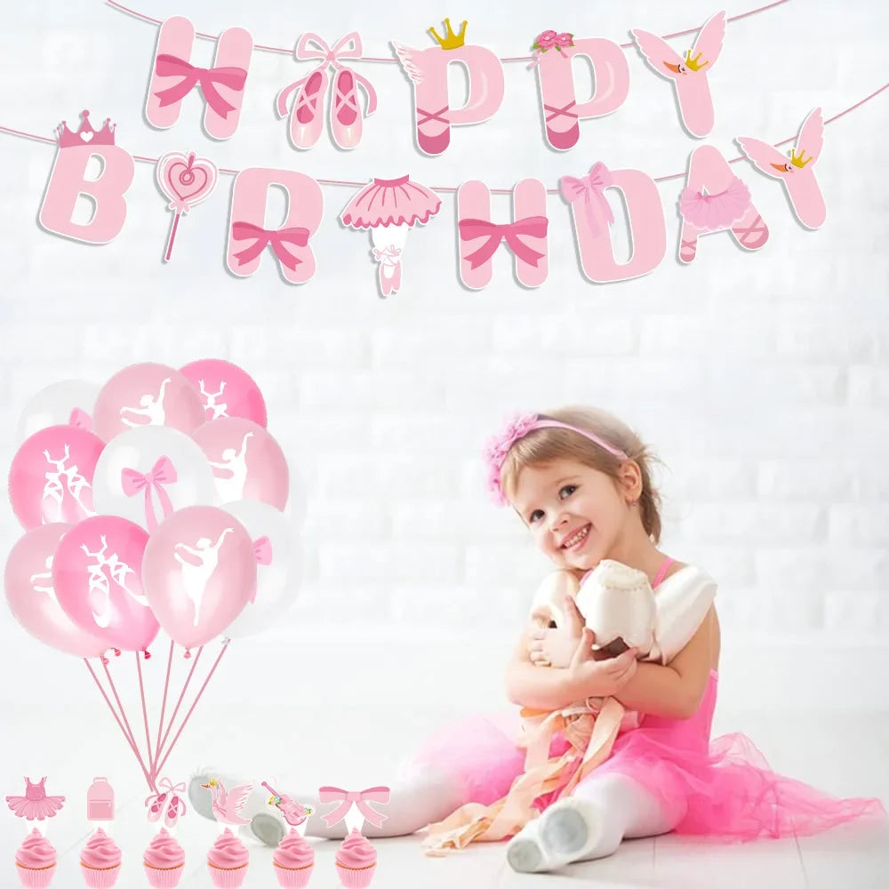 Pink Ballerina Ballet girl Happy Birthday Bunting Banner Balloon Cake Topper for Kids Girl Baby Shower Birthday Party Decoration