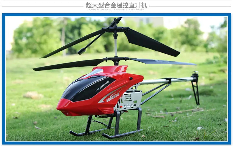 Red and black remote control helicopter with a metallic frame featuring a lithium battery for extended flight performance