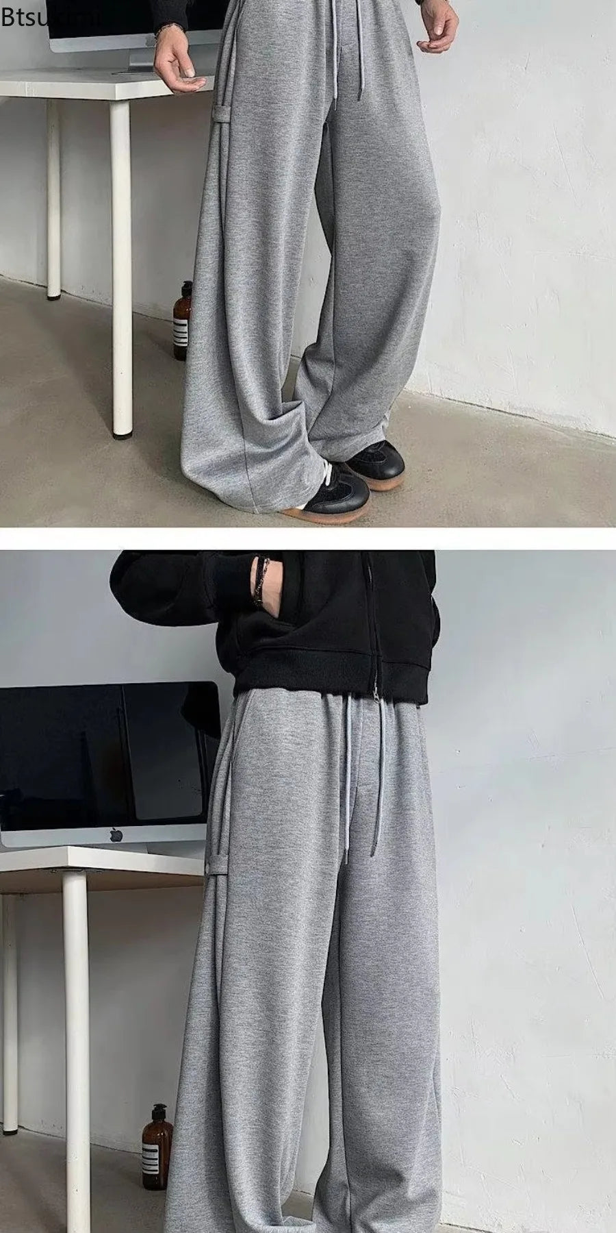 Men's Casual Wide Leg Pants Grey Black High Street Loose Fit Spring Autumn Heavy Weight Straight Tube Trousers for Men All Match