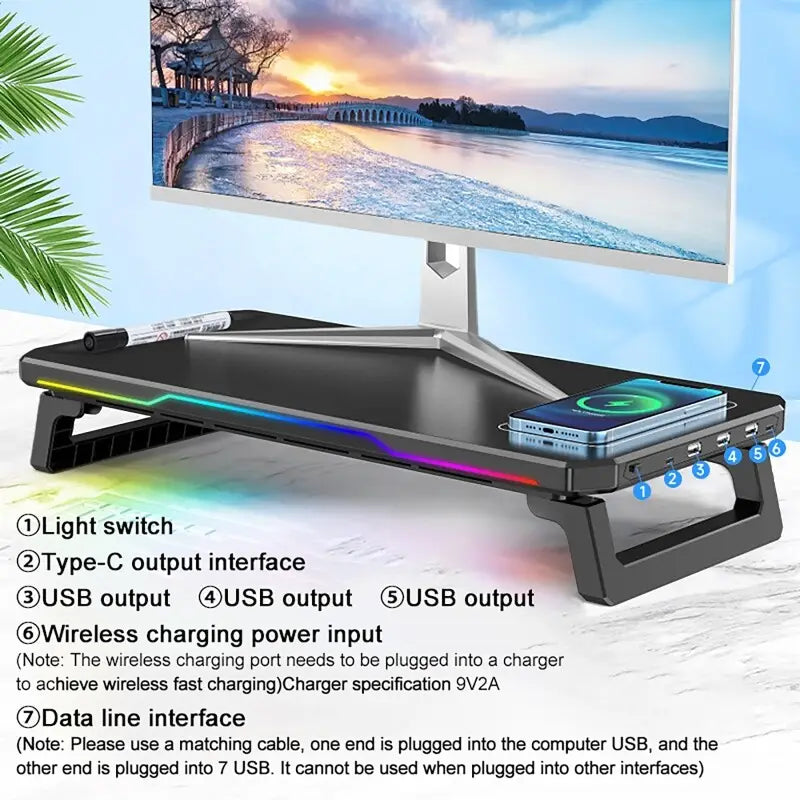 RGBライティング、複数のUSBポート、そして入力ポート電圧を最適化したワイヤレス充電を備えた黒色のゲーミング用コンピュータ用モニターライザーです。