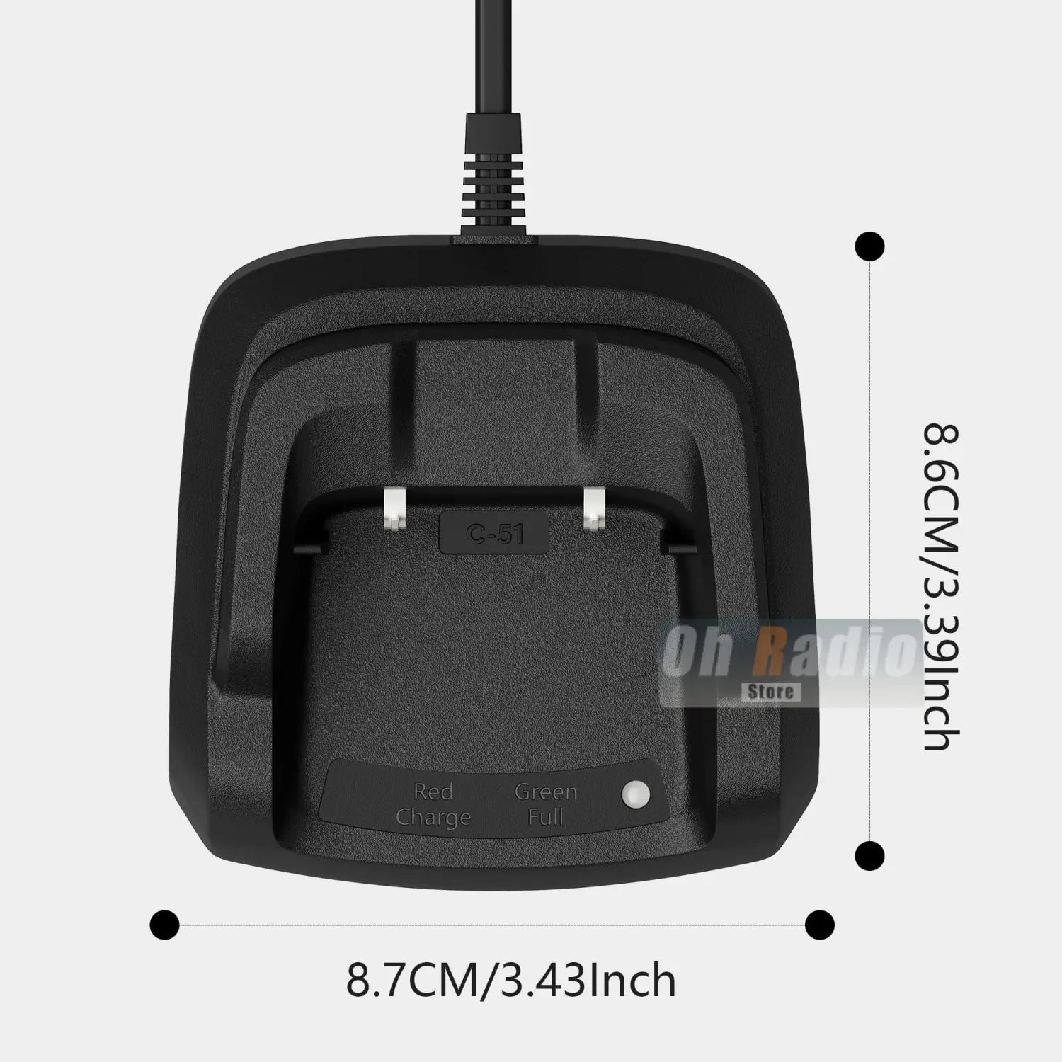 Black plastic desktop charger for quansheng uv-k1 radio with red charge and green light full indicator lights.