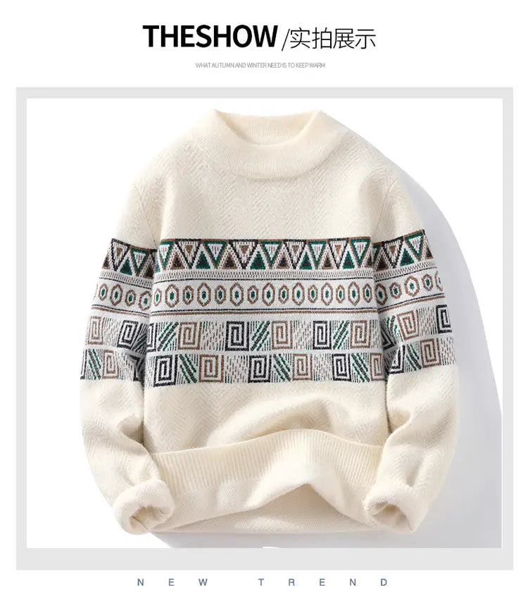 Cremefarbener, dicker Strickpullover für Herren mit geometrischen Musterbändern in Grün, Beige und Schwarz, geeignet für Winterbekleidung.