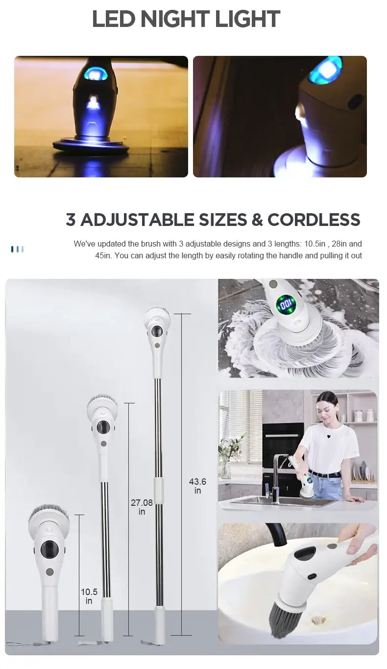 Lampe de nuit à DEL sans fil blanche et noire avec design moderne et élégant, présentée avec, en complément, une brosse électrique à rotation avec tête de brosse et longue poignée.