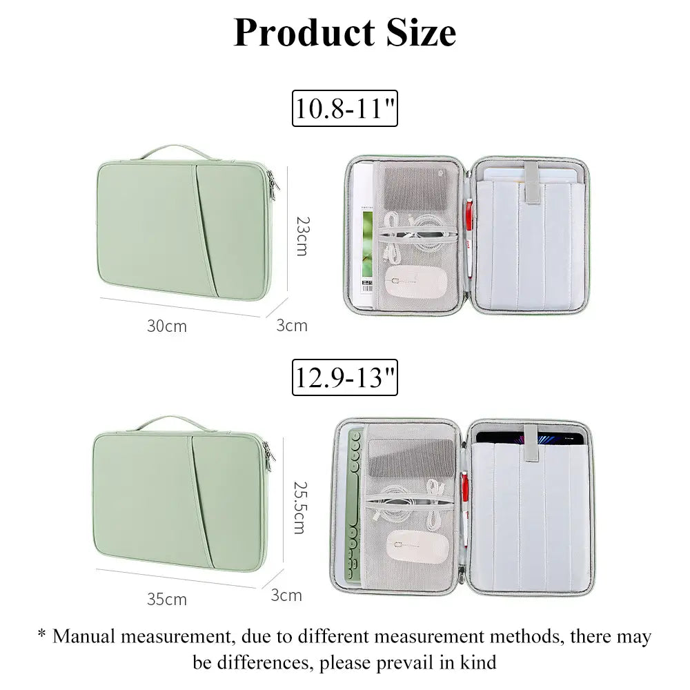 Light green laptop sleeve with a soft padded exterior and interior compartments for organizing tech accessories designed for 11 to 13 inch laptops.