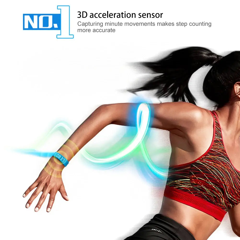 Kids led digital fitness tracker watch with a blue digital display wristband and glowing motion lines around the arm.