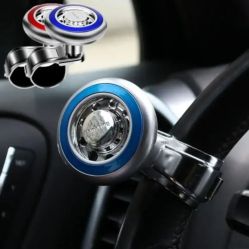 Gira-volante con rotación de 360 grados, ajuste universal en azul y plateado con acabado cromado para un control de dirección sencillo.